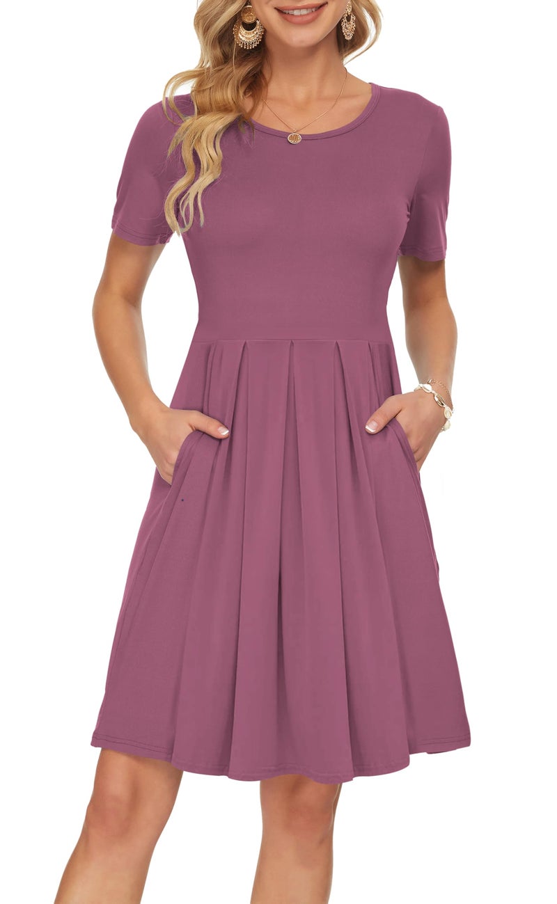 AUSELILY Women's Short Sleeve Summer Dress Pleated Loose Swing Knee Length Dresses with Pockets 2026 New Mauve M - Image 1